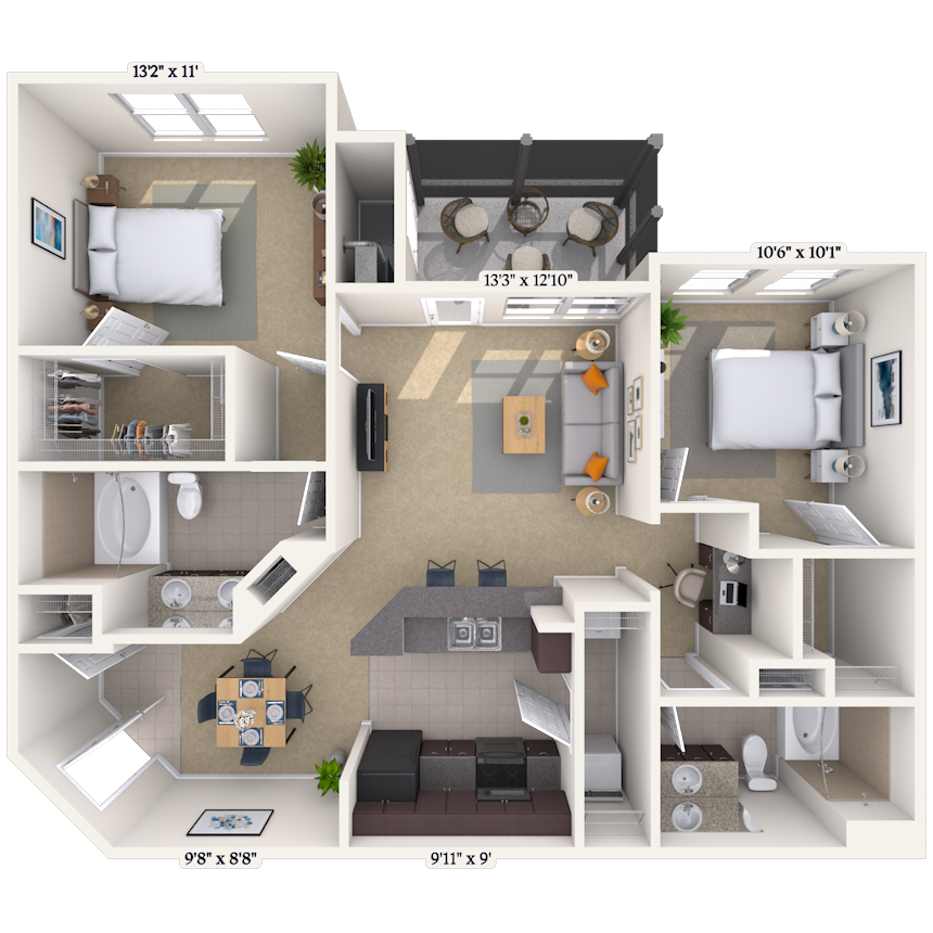 Floor plan for 2 beds, 2 baths, 1042 sqft